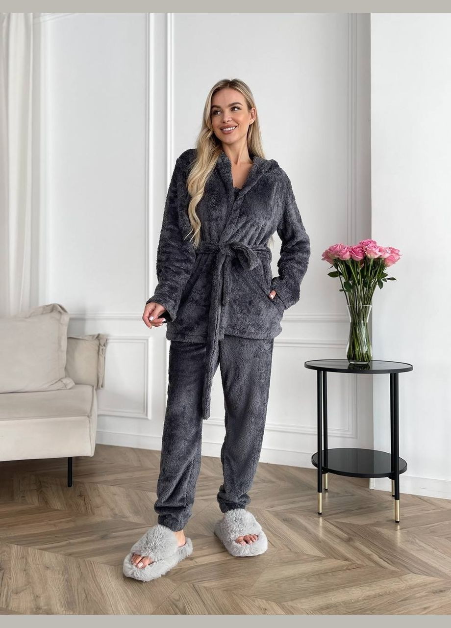 Жіночий теплий костюм 3-ка для дому графітового кольору 29818 No Brand (323643360)