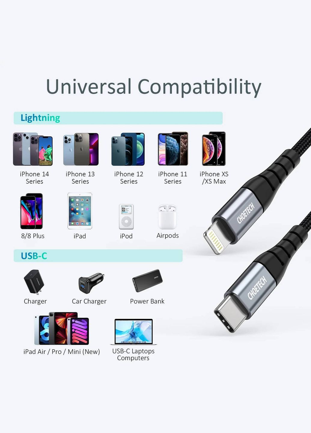 Кабель USB3.1 TypeC M-Lightning M, 2.0 м, MFi PD 20W, оплетка, черный CHOETECH (315143754)