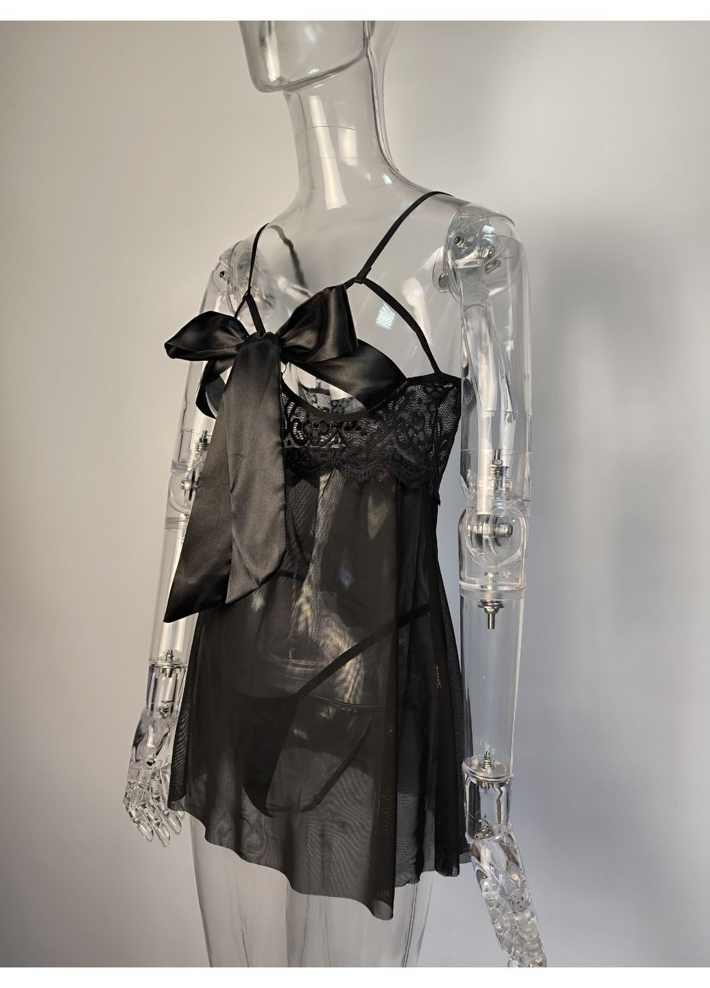Жіночий еротичний пеньюар з бантом на прозорих грудях Чорний No Brand Сюрприз (315035692)