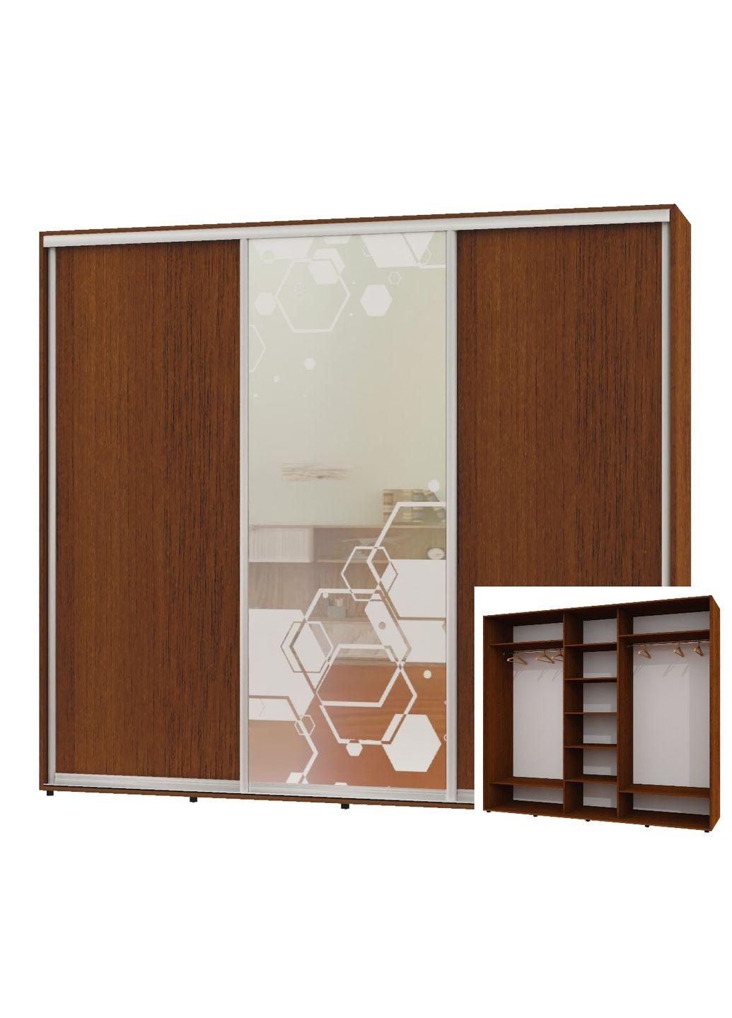 Шкаф-купе трехдверный 240*60*230 Орех лесной 2 ДСП/Зеркало с пескоструйным рисунком ШК-04 Алекса (360462723)