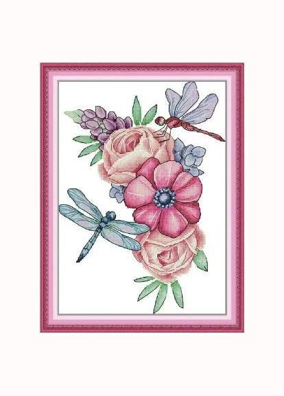 Набор для вышивания по нанесённой на канву схеме "Dragonflies and Flowers". AIDA 14CT printed 22*31 см Joy Sunday (313613050)