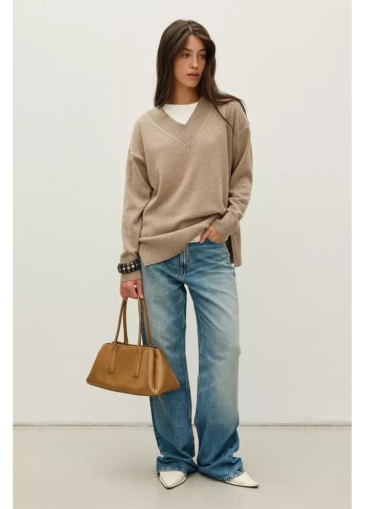 Бежевий светр жіночий v-виріз mkrm4297 Rica Mare