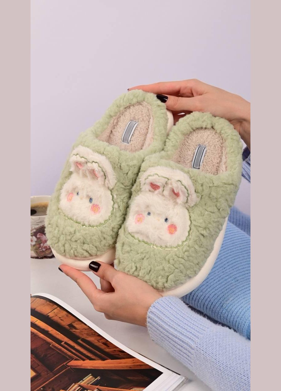Зеленые тапочки комнатные женские зеленые No Brand с мехом, с аппликацией, без декора