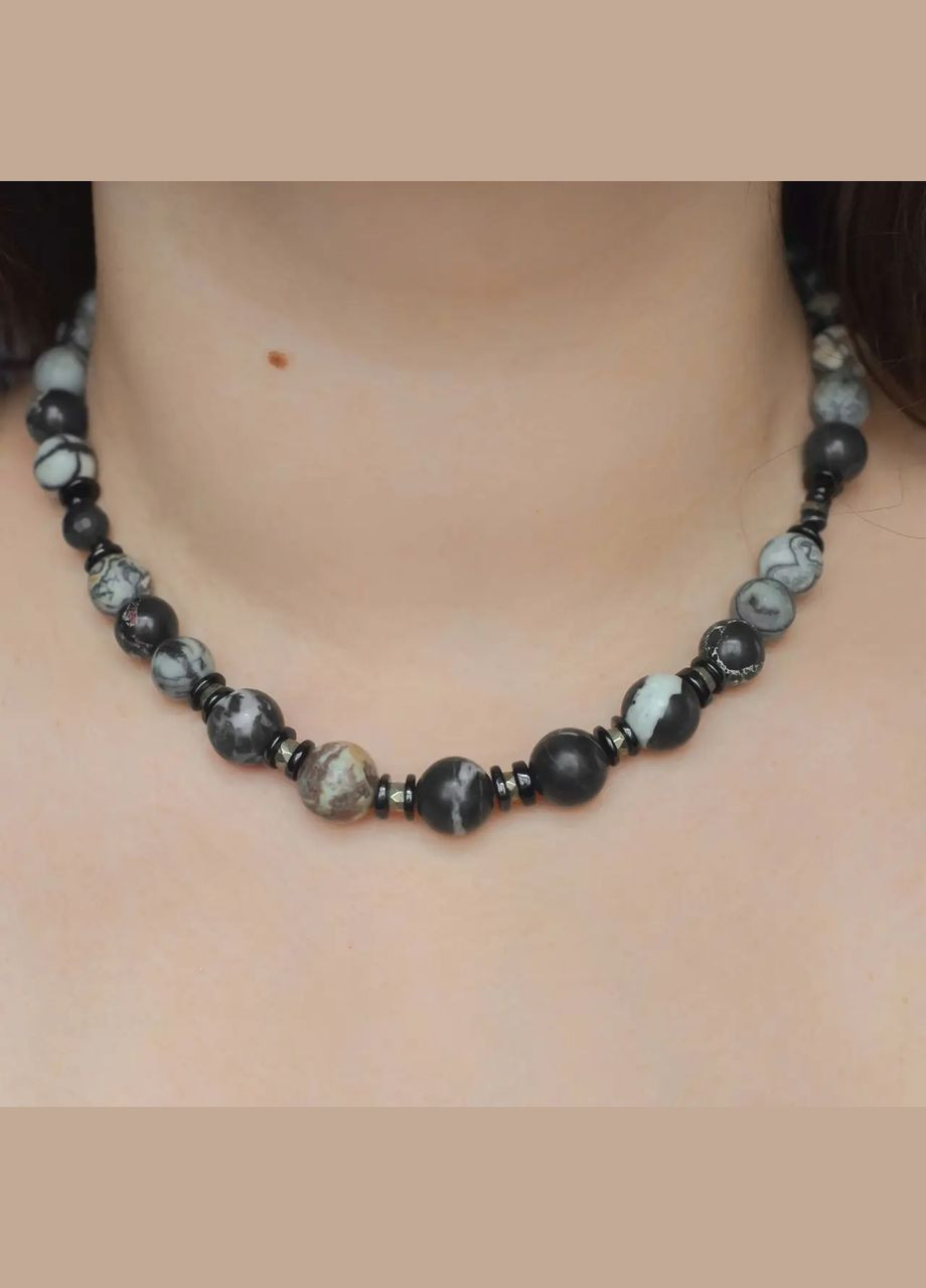 Чокер натуральна Яшма, Варісцит, Пірит, Агат чорний, фур-ра гіп-ний сплав колір сталь d-12-6мм+- L-42-47см No Brand агат, яшма латунь, натуральний камінь, медичний сплав (331145954)