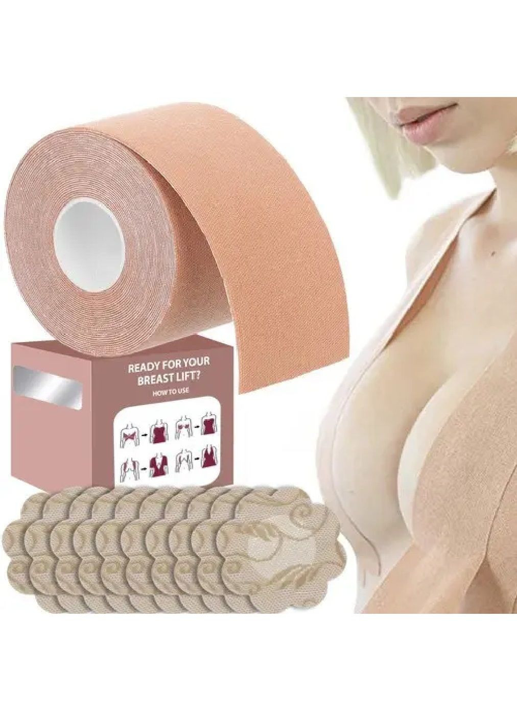 Тейп стрічка для підняття підтримки підтяжки фіксації бюста грудей із захисними нагрудниками 10 штук 500х5 см (477956-Prob) Unbranded (301276644)