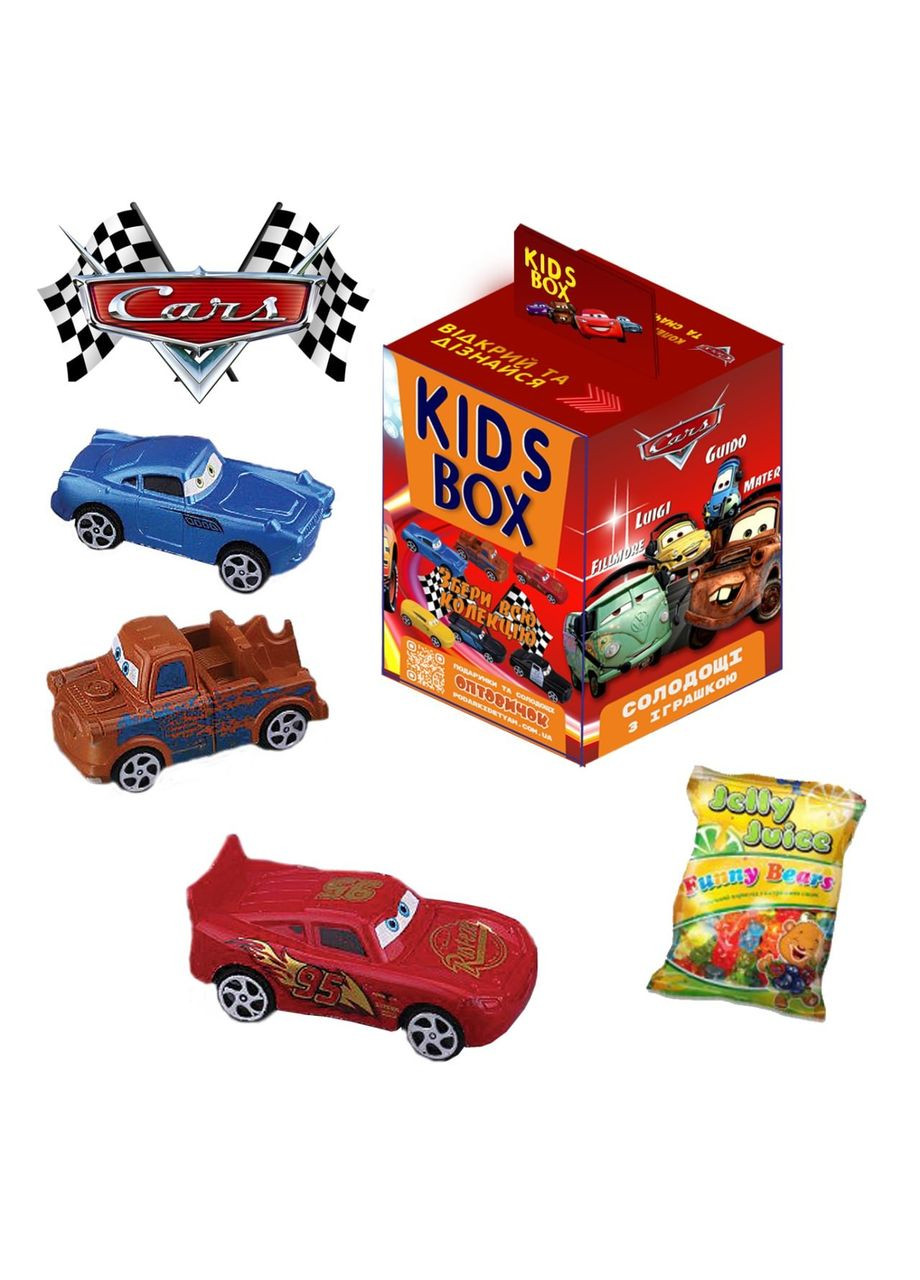 Тачки Cars игрушки с жевательным мармеладом в коробочке сладости и игрушки Гвидо, Луиджи, Матер, Филмор Kids box (280258099)