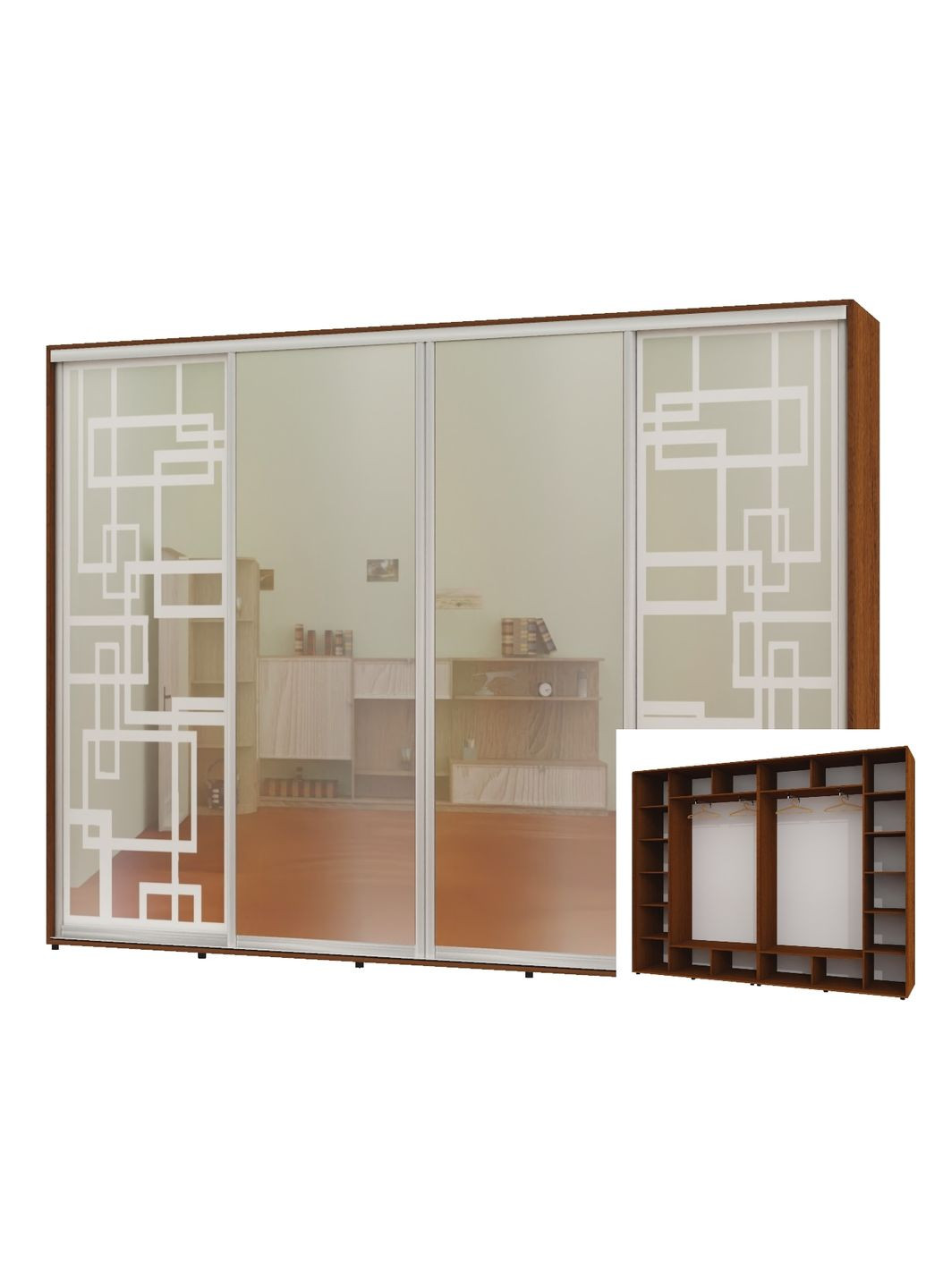 Шкаф-купе четырехдверный 300*45*220 Орех лесной 2 Зеркала с пескоструйным рисунком/2 Зеркала Алекса (360433485)