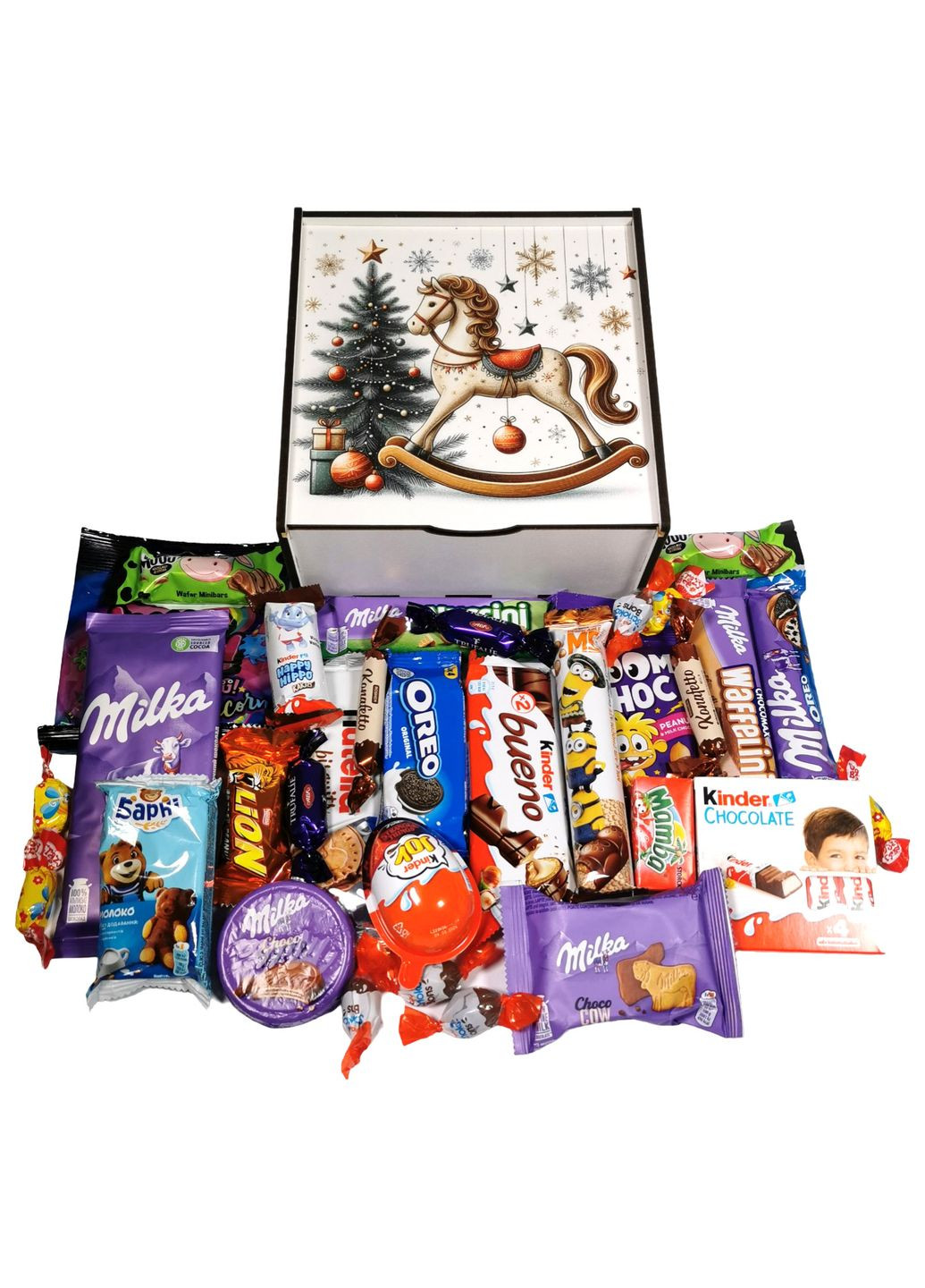 Подарунок №43-2 Milkа & Kinder"Подарунок для чемпіона" 860г (20х20х9см, у дерев'яній коробці) Унікальна цукерка (372656355)