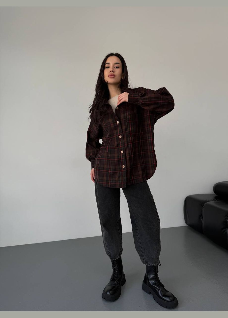 Коричневая повседневный рубашка в клетку Гермес с длинным рукавом