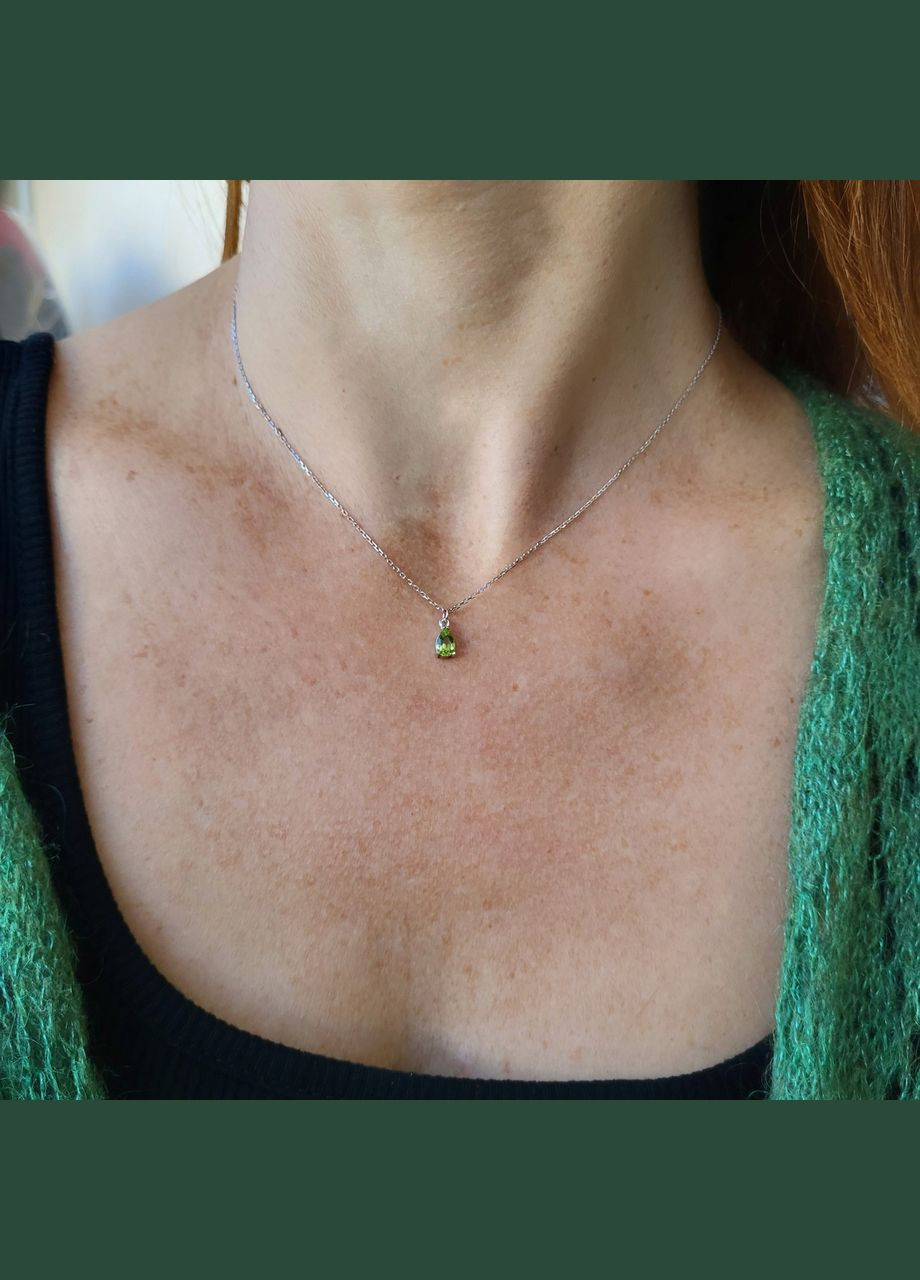 Серебряная цепочка колье с подвеской Капелька с Хризолитом 45 см серебро 925 пробы Родированное 703кол No Brand (311301149)