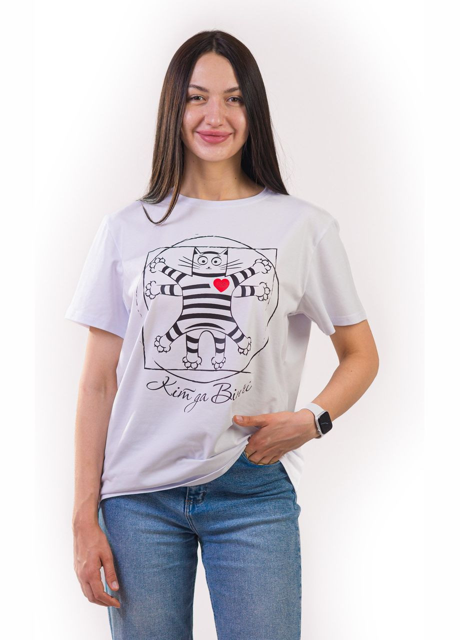 Біла футболка унісекс біла з коротким рукавом з принтом "кіт да вінчі" роз. m 4PROFI кулір (298127367)