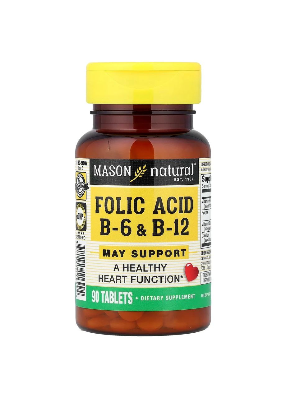 Фолієва кислота В-6 і В-12 Folic Acid B6 and B12, 90 таблеток Mason Natural (361118330)