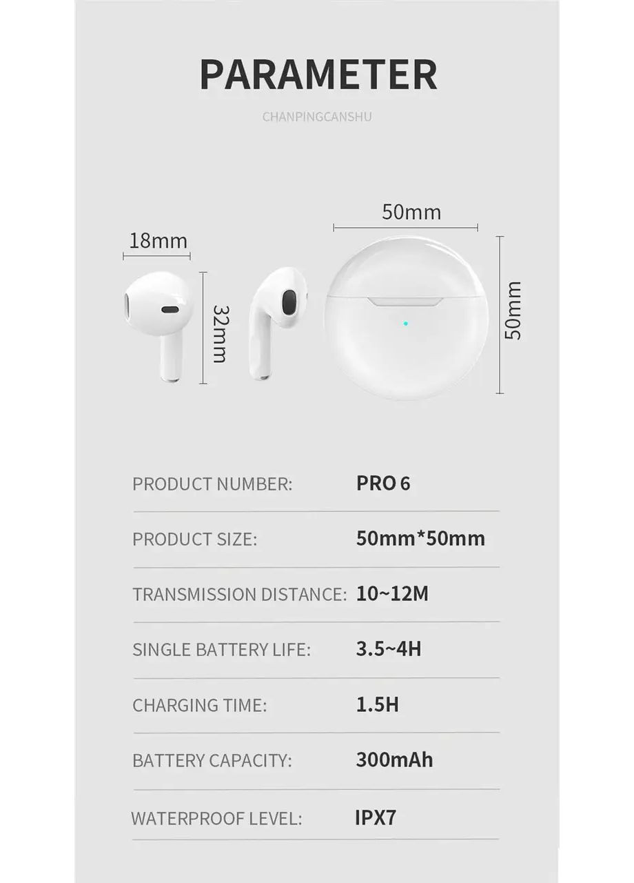 Беспроводные Bluetooth наушники TWS Air Pro 6 white No Brand (368788604)