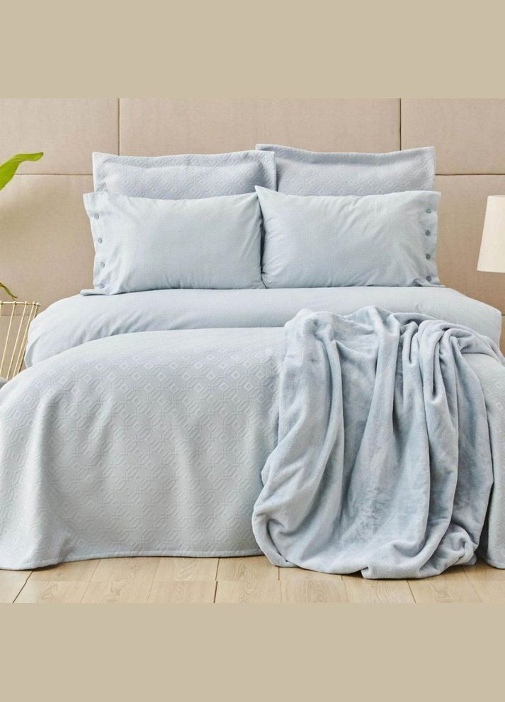 Набор постельное белье с покрывалом + плед Infinity New a.mavi голубой евро (8) Karaca Home (285778505)