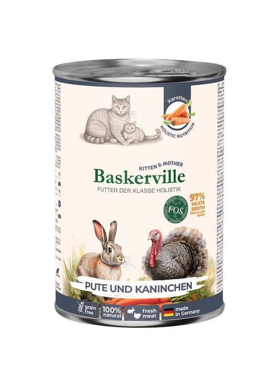 FOS - Монопротеиновый консервированный корм с индейкой и кроликом с морковью для кошек в период лактации - 400 г Baskerville (370268947)