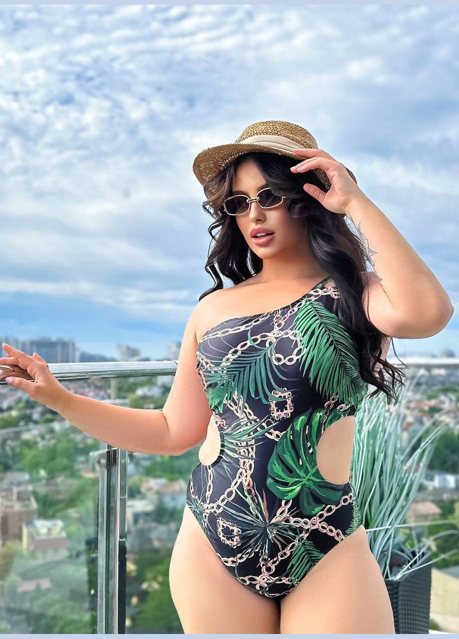 Черный летний стильный купальник с вырезами на одно плечо раздельный, слитный Vakko