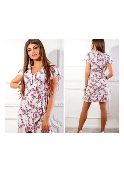 Комбінована плаття на запах з поясом, арт.115, малинова гілочка на білому KHAN