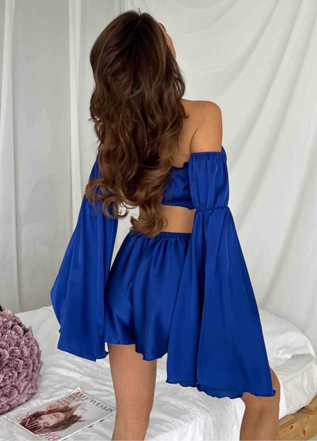 Синій літній ніжний домашній комплект двійка: топ з відкритими плечима та довгими пишними рукавами + шорти Tik-Tak