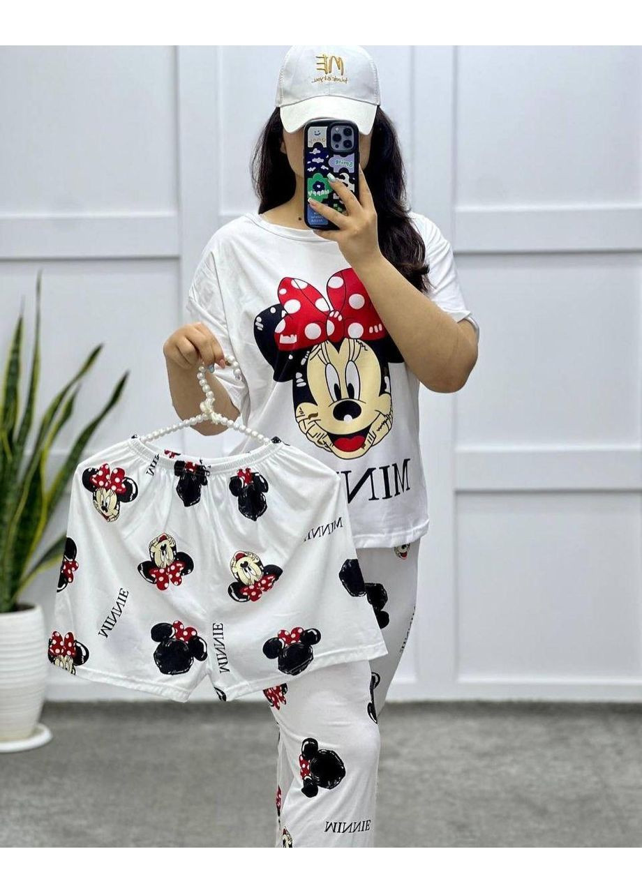 Белая всесезон стильная пижама 3в1. пижама с шортами и штанишками из бамбука. бамбуковая пижама с мишками No Brand