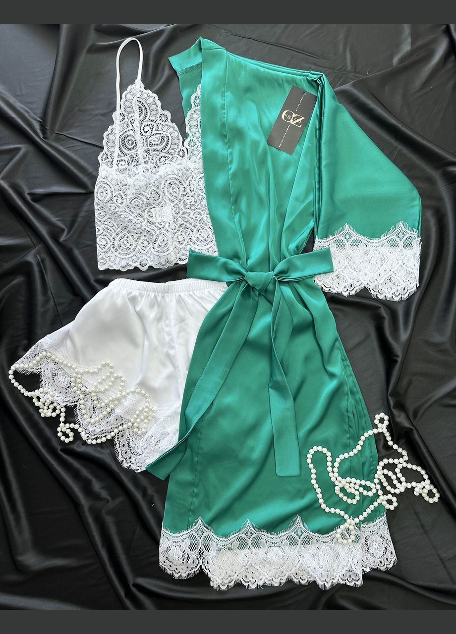Зелена всесезон домашній комплект (мереживний топ + шорти + халат) топ + шорти Ghazel