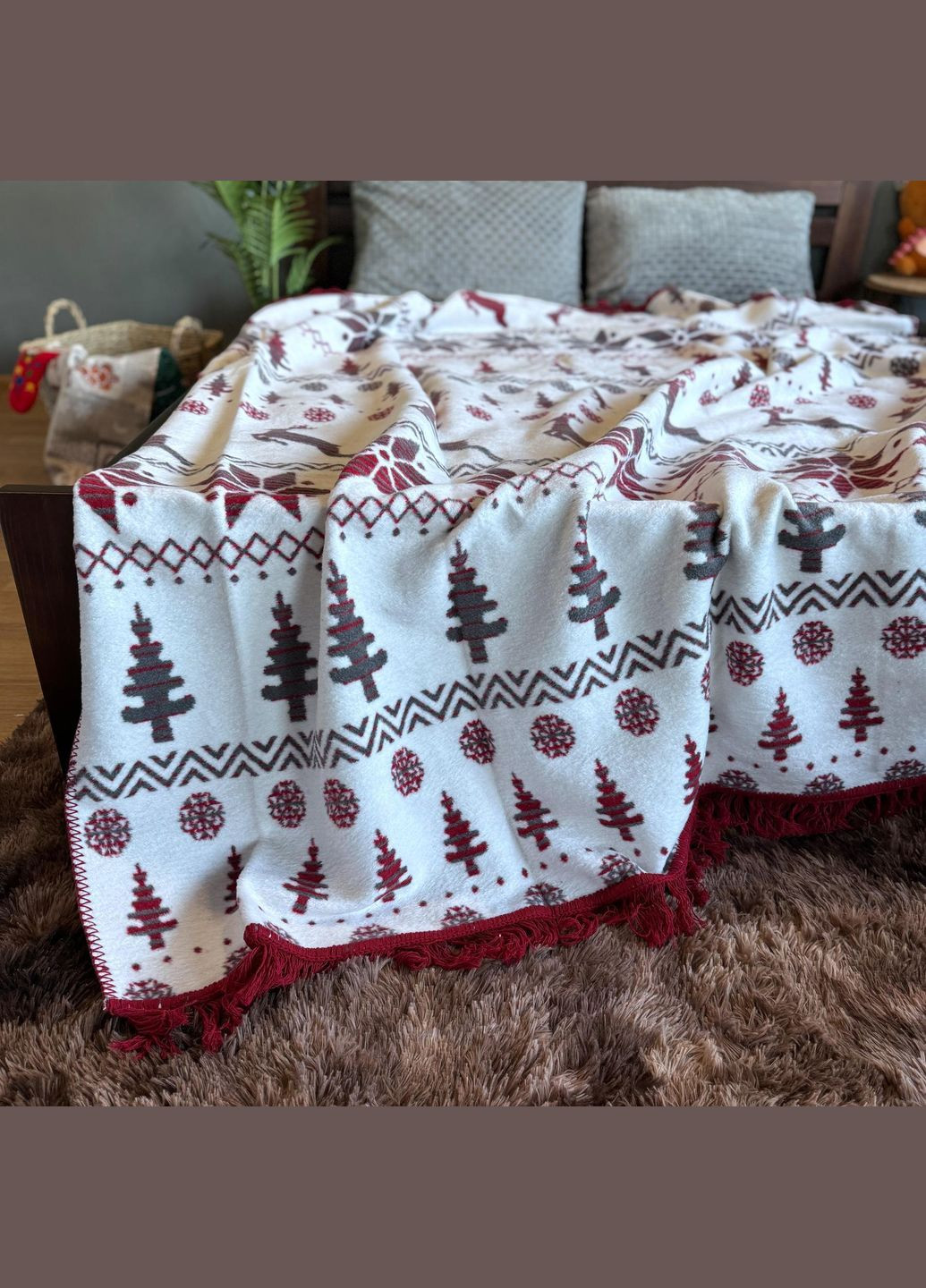 Плед покрывало двусторонний Евро Бордовые олени зимний Bridge 200х220 Красный Хлопок No Brand (315348435)