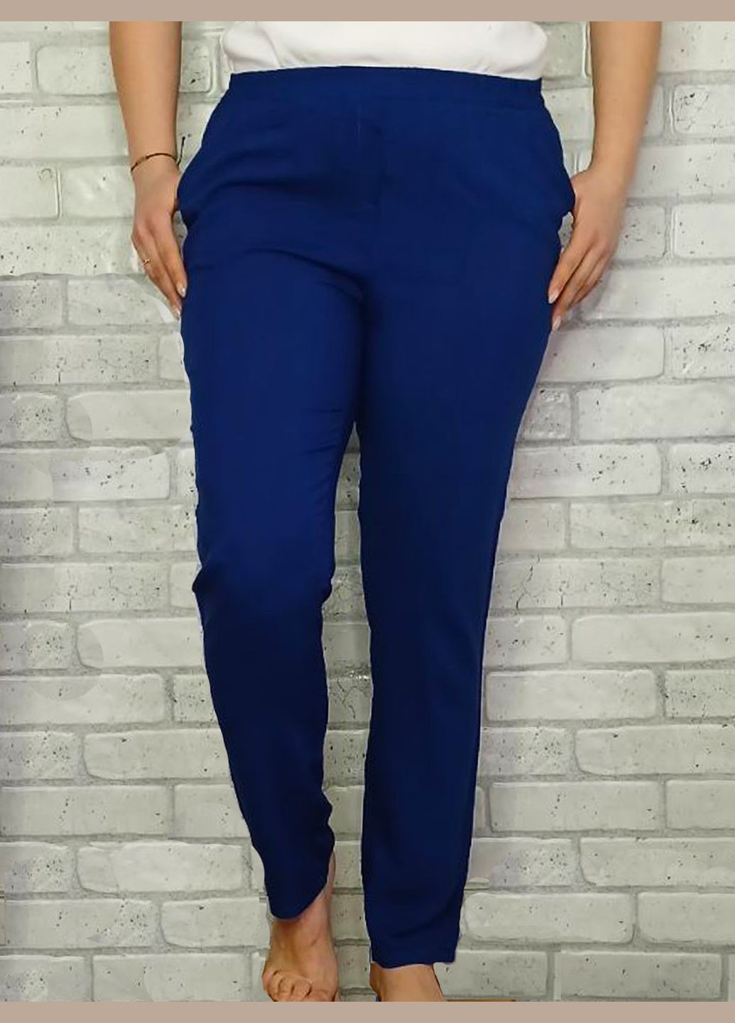 Однотонные синие женские штапельные брюки классические с карманами пояс на резинке, штапель софт No Brand (322135858)