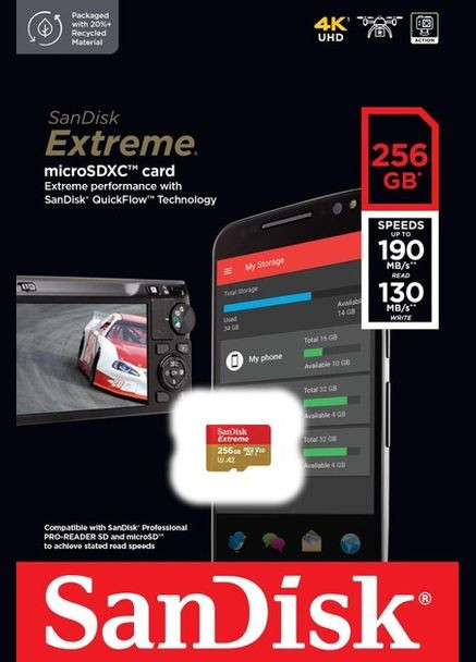 Картка пам'яті Extreme 256 GB microSDXC Class 10 V30 UHSI U3 A2 (190 / 130 Mb/s) SanDisk (293346687)