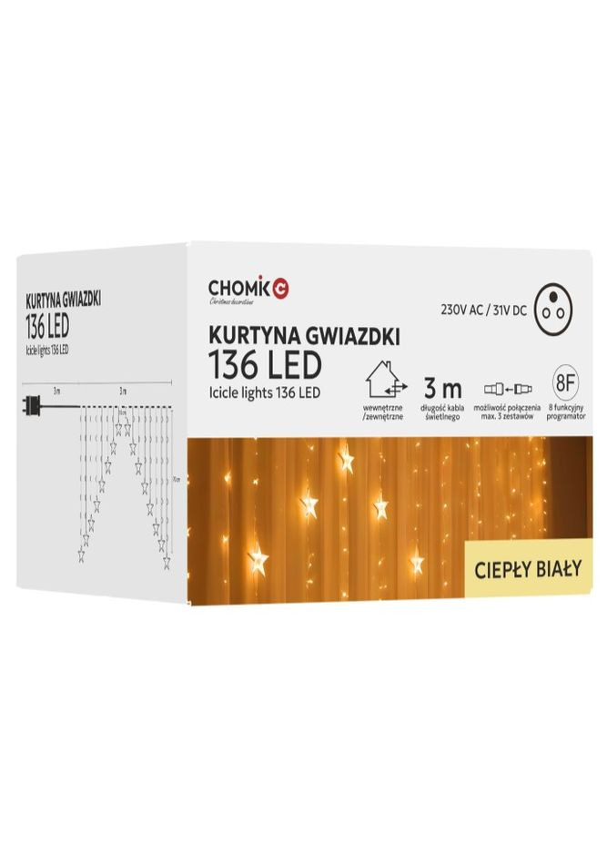 Гірлянда електрична "Штора зірки" 136 LED, теплий білий, 3м, від мережі Chomik (369144829)