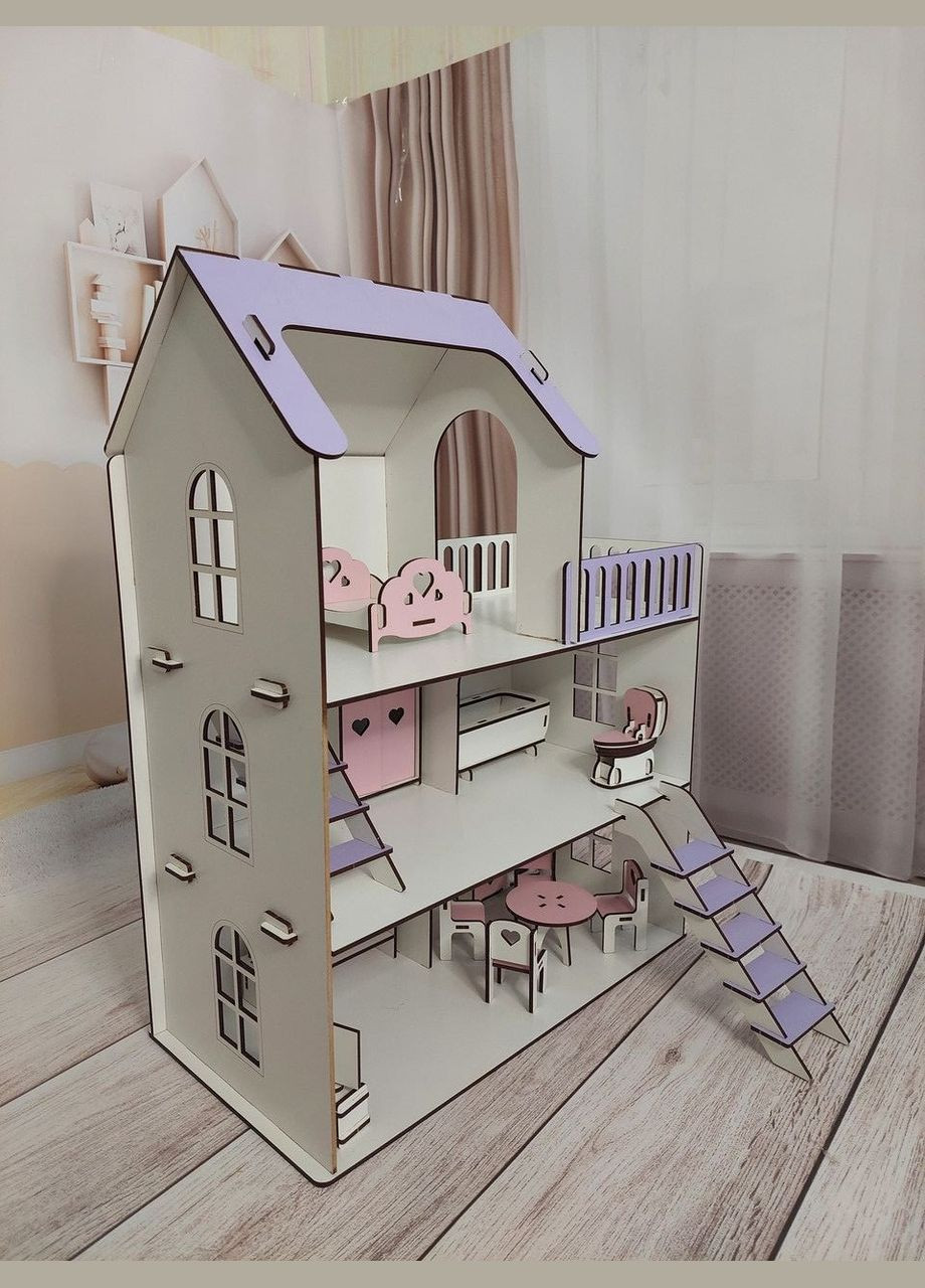 Деревянный детский кукольный самосборный домик для кукол, 5 комнат, с мебелью, с террасой и лестницей, с хдф No Brand (305220301)
