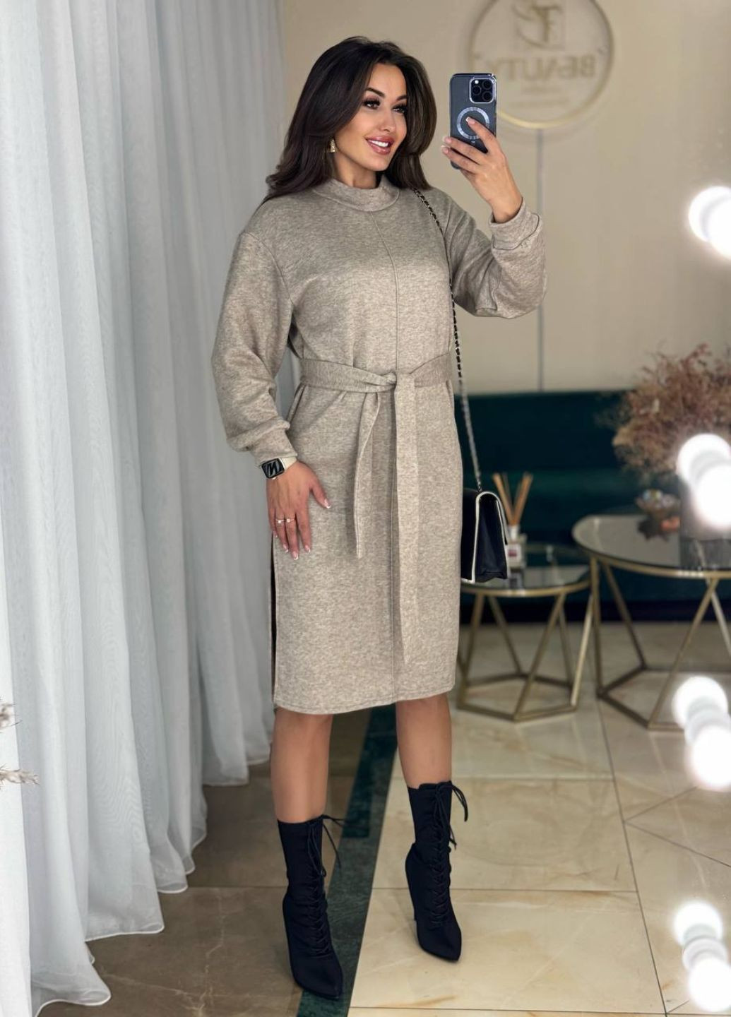 Бежевое повседневный миди платье с разрезами и поясом Allthings меланжевое