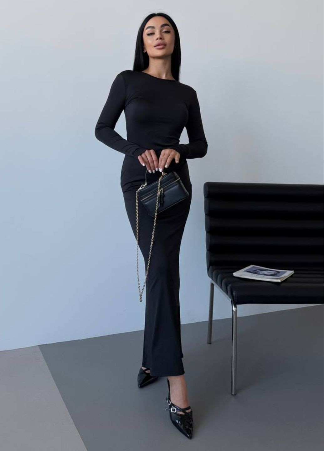 Черное повседневный платье макси с круглым воротником силуэтная Україна