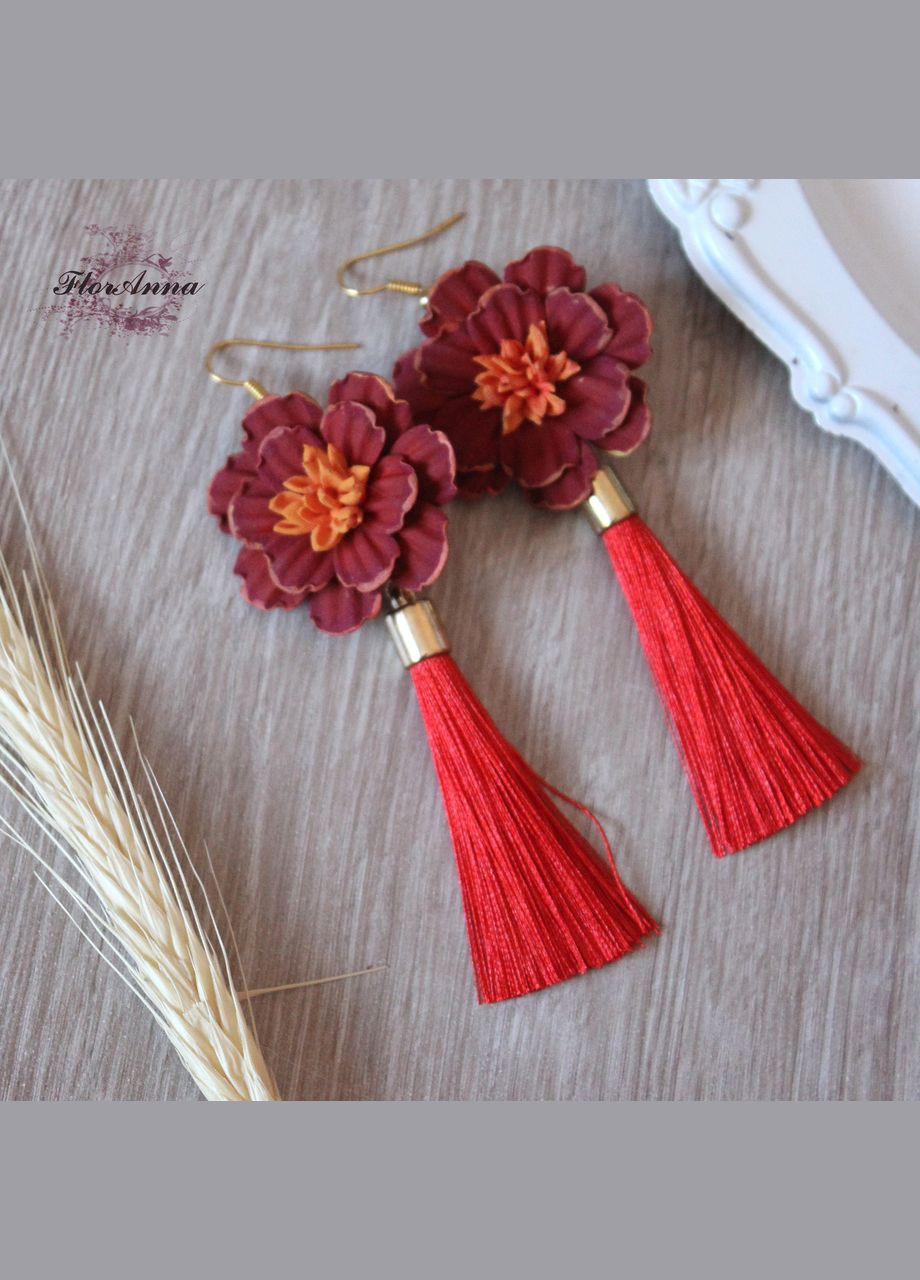 Красные серьги кисточки бордовые бархатцы из полимерной глины Handmade (321971043)