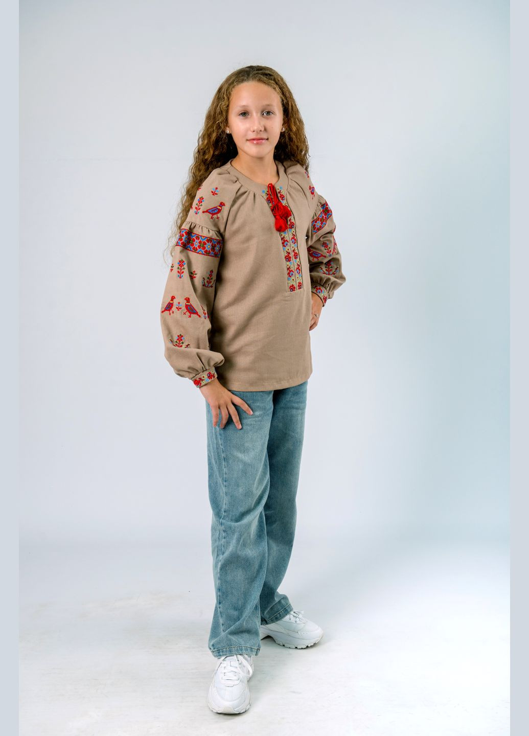 Кофейная вышиванка для девочки кофейная льняная рубашка с вышивкой цветов и птиц узор орнамент лен (326519741)