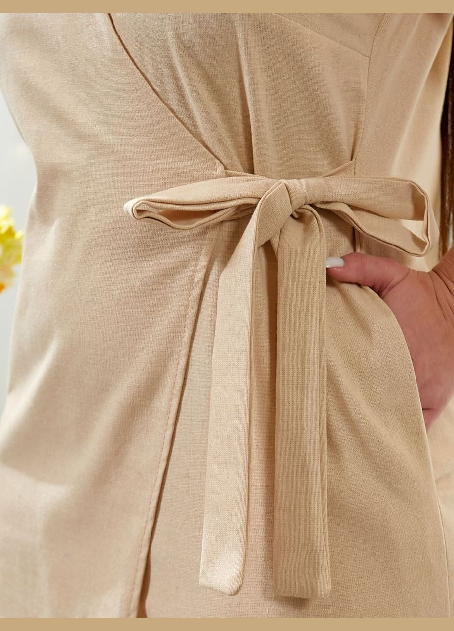 Комбинезон женский Style Point комбинезон-брюки однотонный бежевый повседневный, кэжуал лен