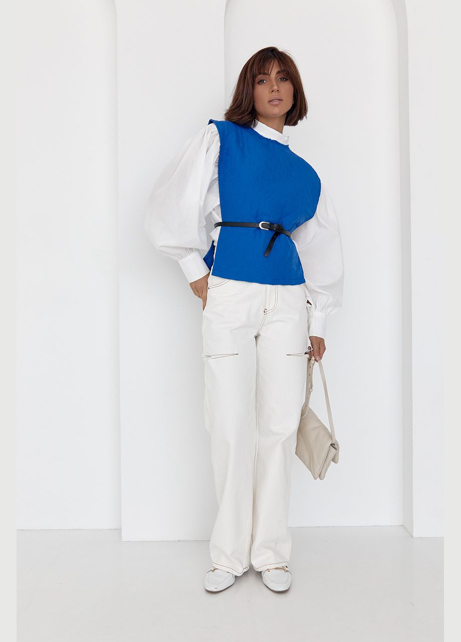 Синяя демисезонная блуза с объемными рукавами с поясом Lurex