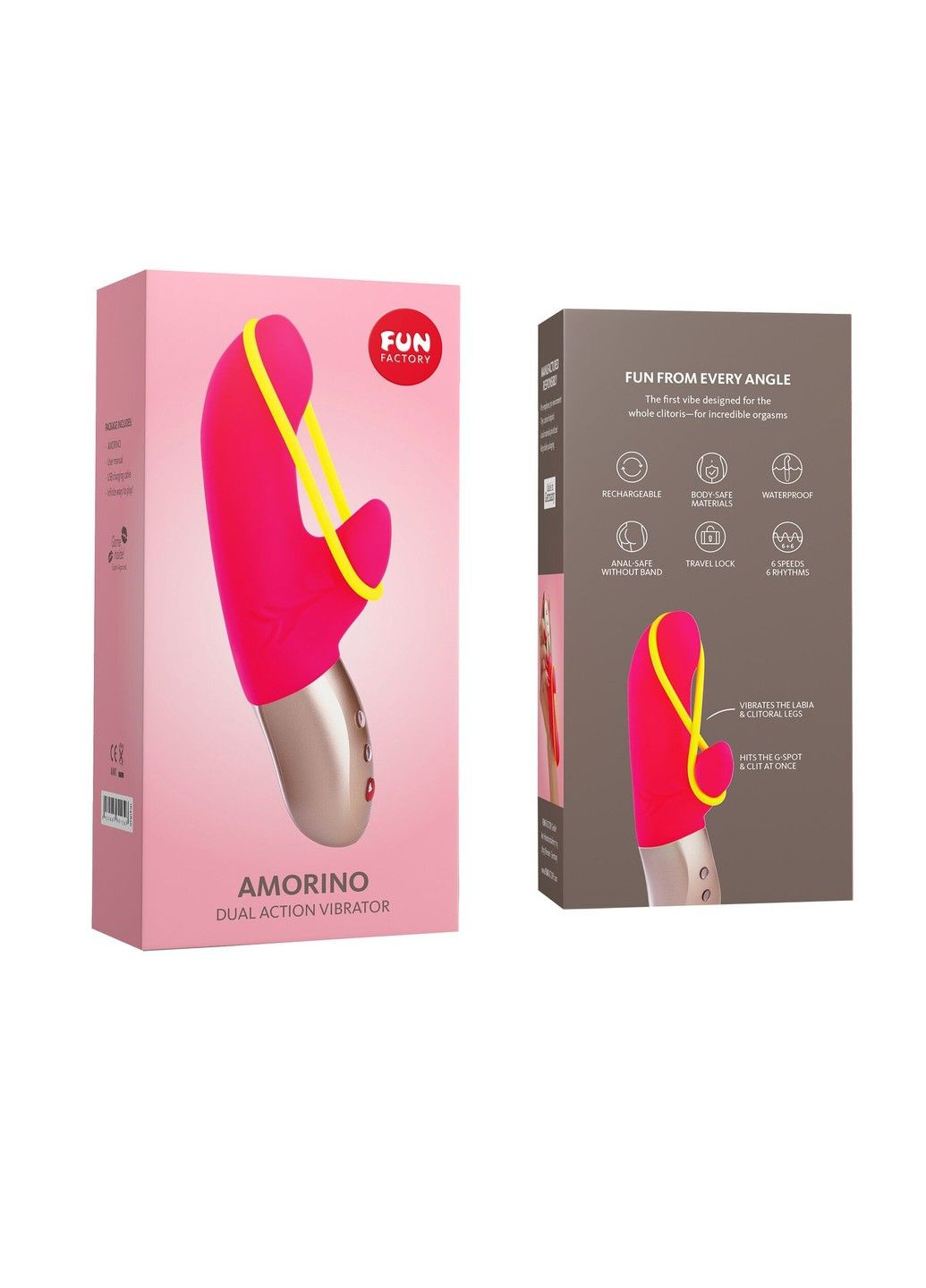 Мінівібратор-кролик зі стимулювальною стрічкою AMORINO pink/neon yellow, стрічка знімна Fun Factory (315498277)