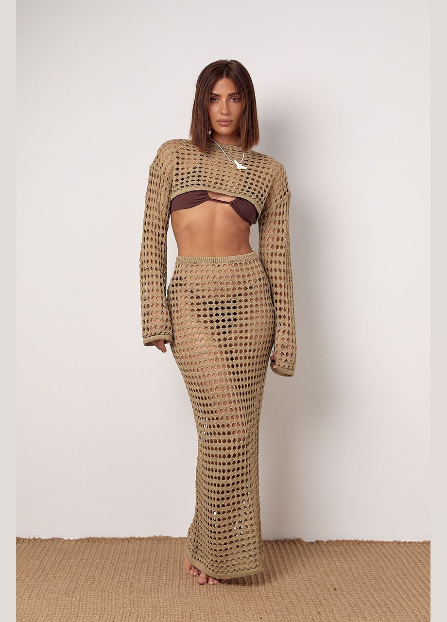 Кофейная пляжный длинная юбка ажурной вязки - кофейный цвет Lurex
