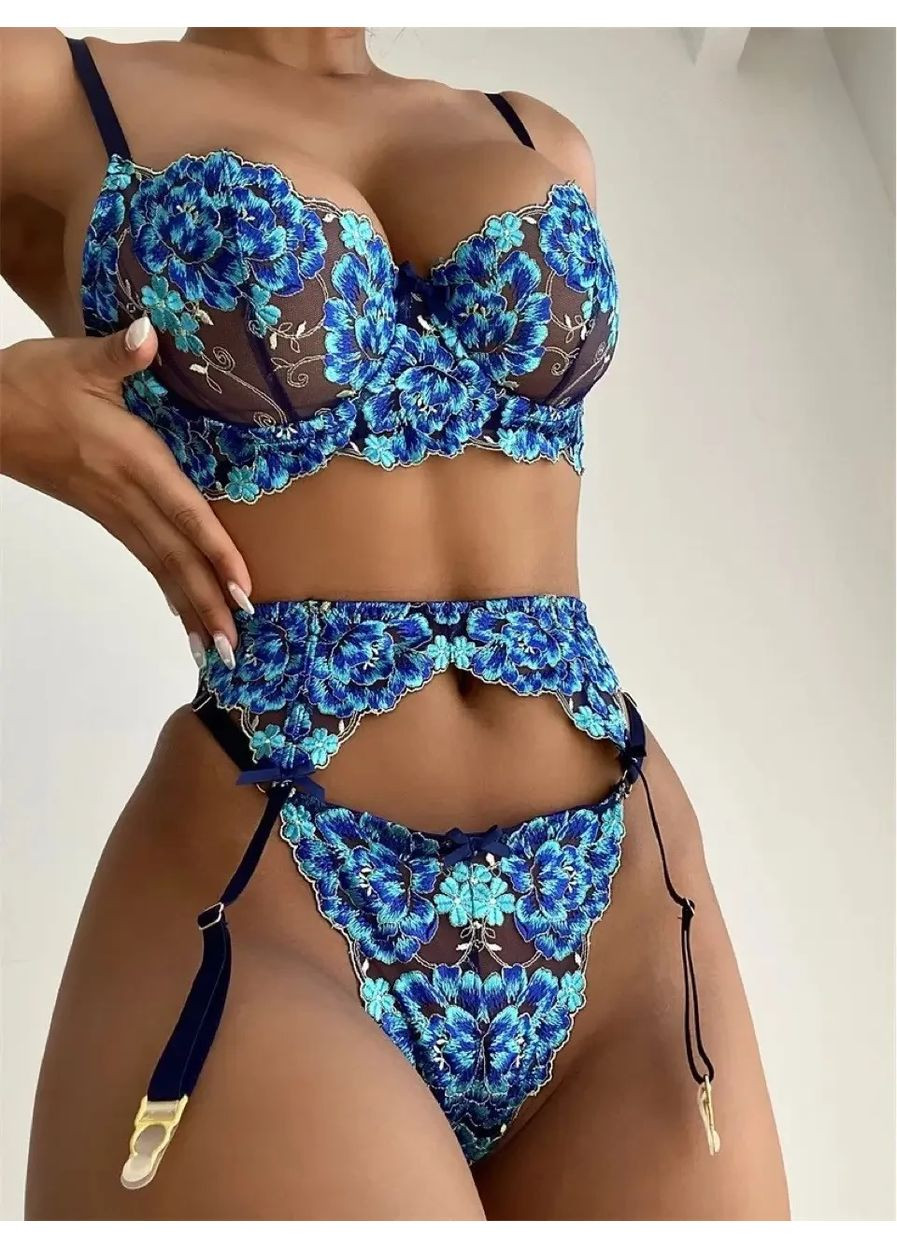 Синій демісезонний мереживний комплект с поясом. мереживний комплект спідньої білизни. жіночий комплект білизни спідньой No Brand