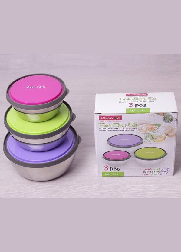 Набор 3 емкости Ø12х5см, Ø14х5.5см, Ø16х6.5см для хранения продуктов Kamille (330139263)