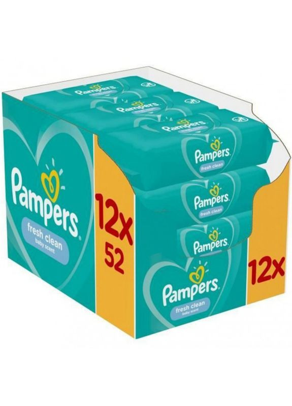 Дитячі вологі серветки Fresh Clean, 624 шт. (12 уп. по 52 шт.) Pampers (328200256)