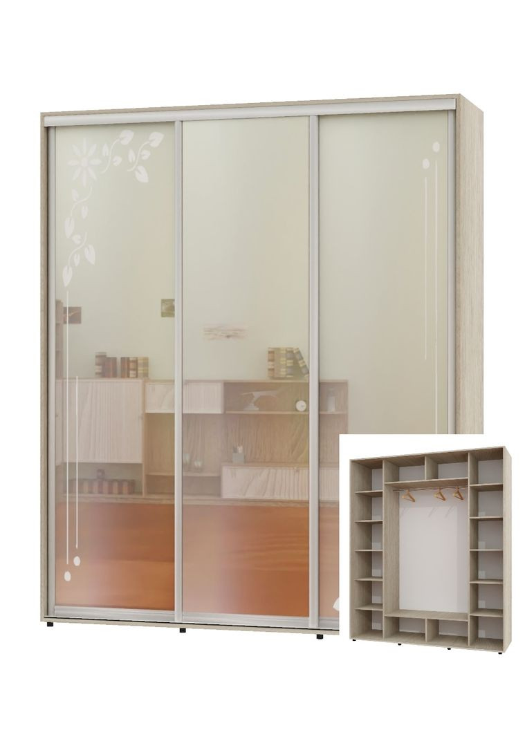 Шкаф-купе трехдверный 170*60*240 Дуб Шамони светлый 2 Зеркала с пескоструйным рисунком/Зеркало ШК-05 Алекса (360478063)