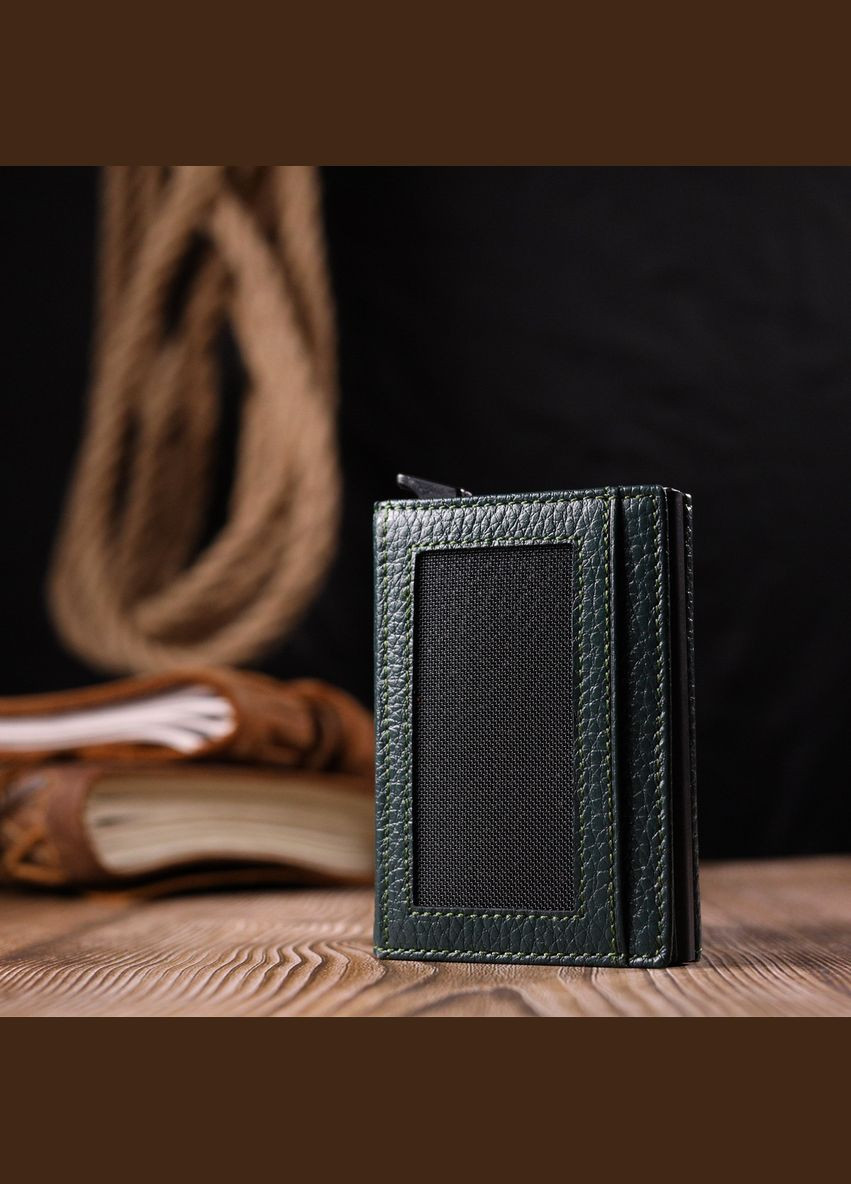 Оригінальна візитниця з натуральної зернистої шкіри зелений 20976 Karya (362418297)