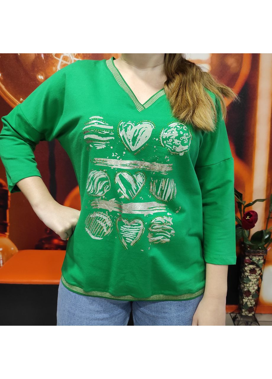 Женская толстовка лонгслив стразы V-образный вырез 3/4 рукав S-M зеленая La Rosa (363054088)