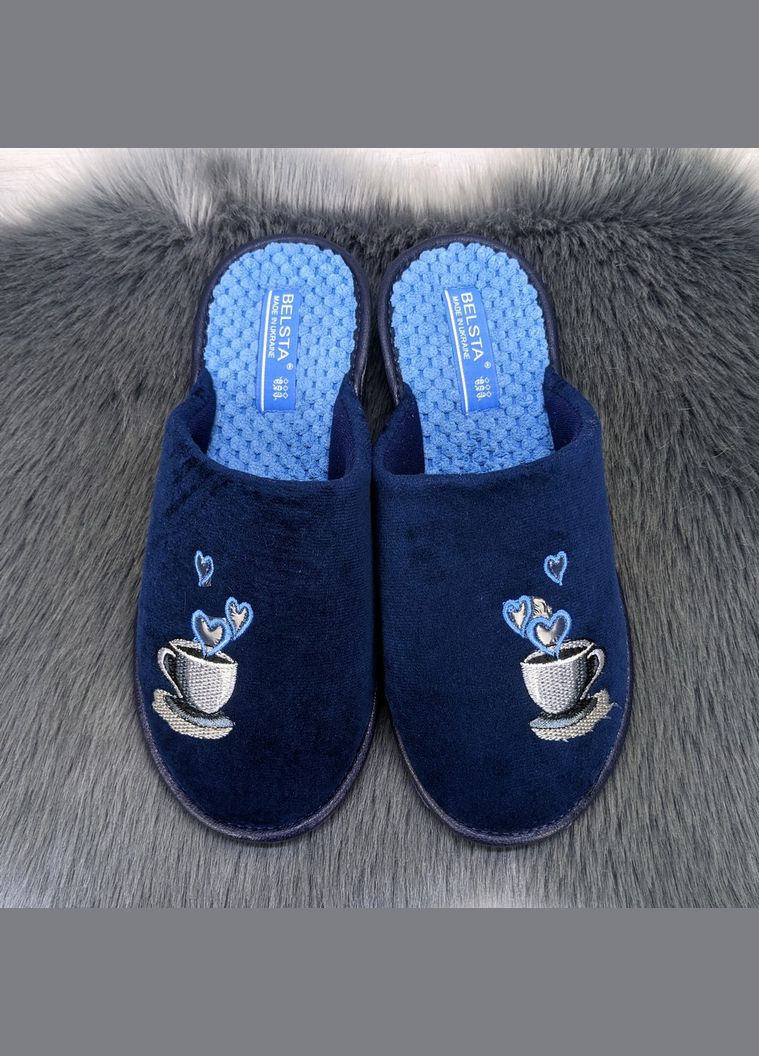 Темно-синие тапочки женские домашние с закрытым носком велюровые Белста