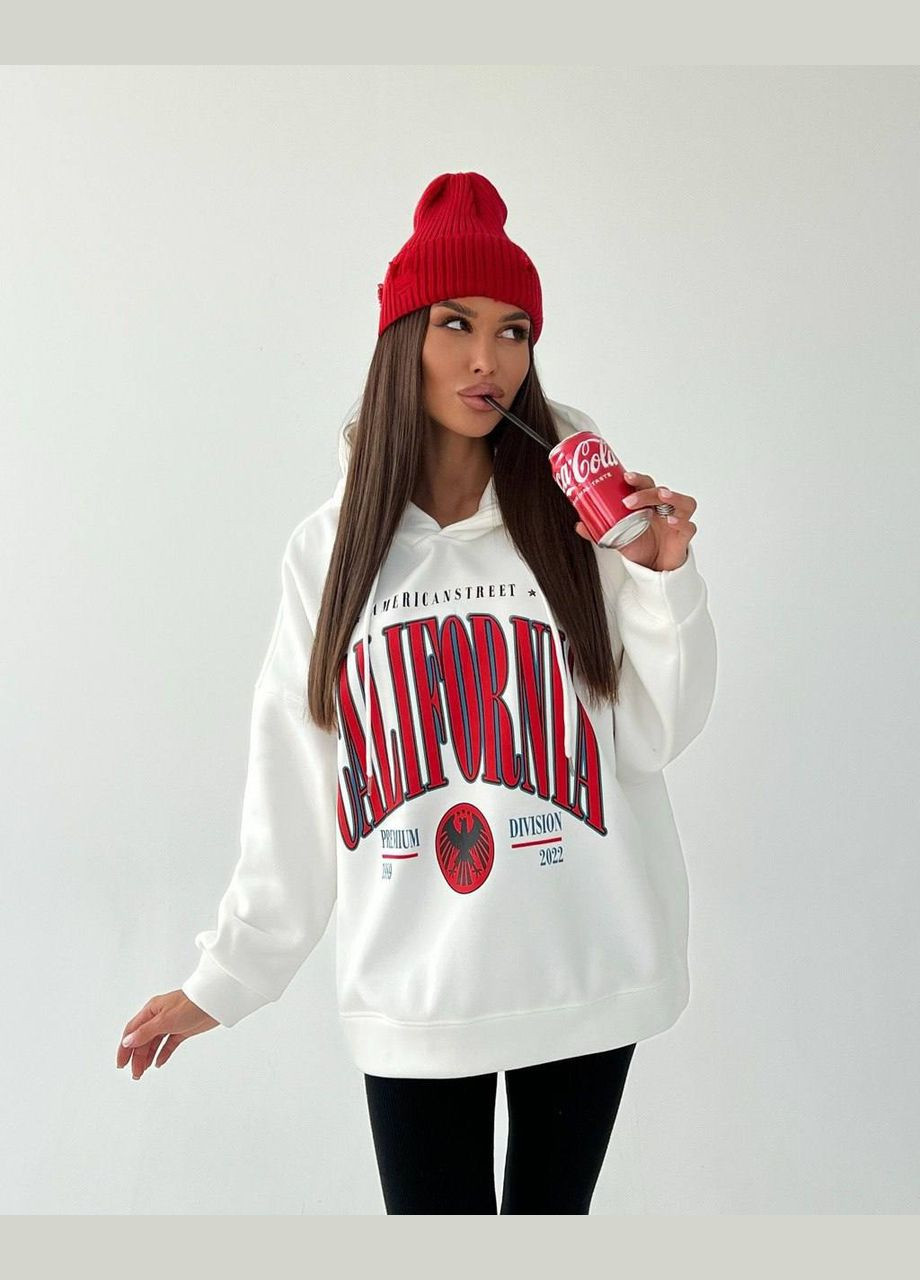 Однотонный молочный демисезонный худи в размере 42-46 из трёхнитки на флисе, комфортный худи с накатом на торсе и капюшоном No Brand 904-2 (306717652)