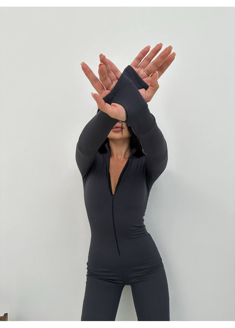 Жіночий теплий комбінезон No Brand комбінезон-брюки однотонний графітовий повсякденний, кежуал трикотаж, фліс