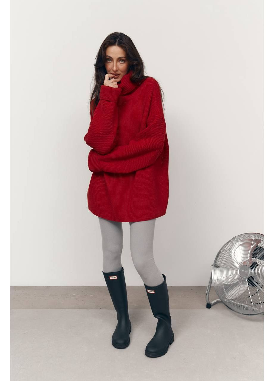 Червоний зимовий жіночий подовжений светр оверсайз з високою горловиною MonCher