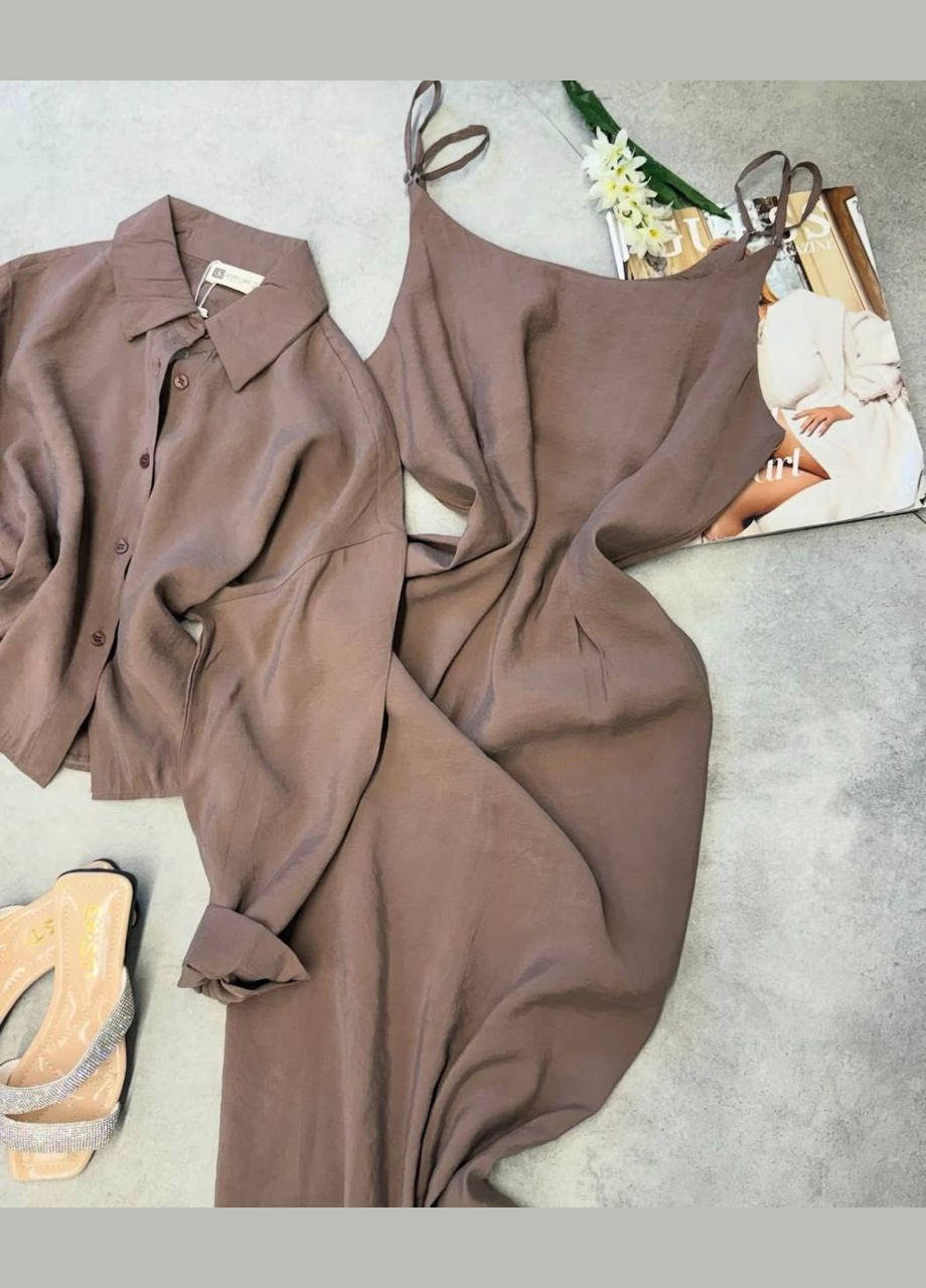Коричневое повседневный женское платье+рубашка Гермес однотонное