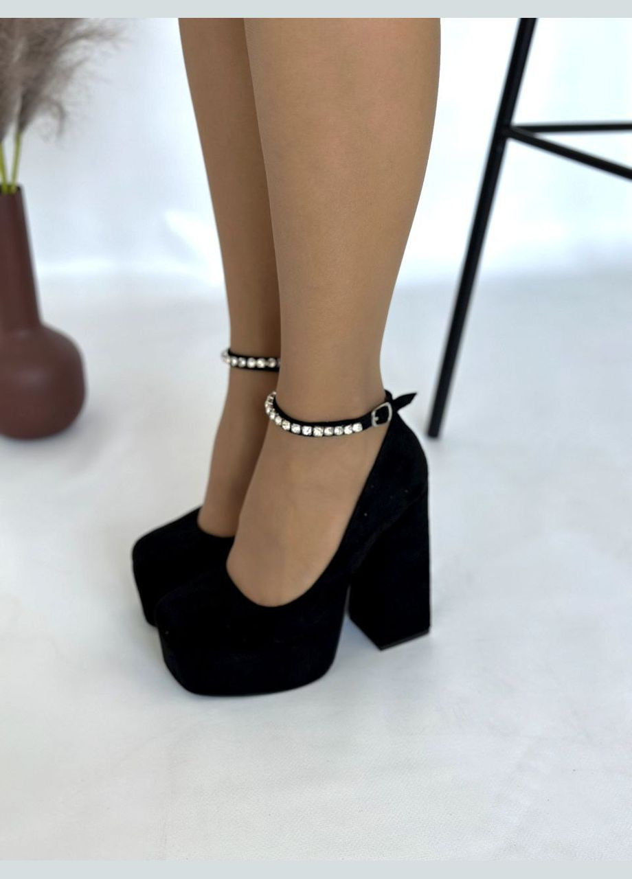 No Brand Жіночі трендові туфлі на високих підборах та платформі чорний колір еко замш з камінцями туфлі-човники чорний з штучна замша, — всесезон (314711076)