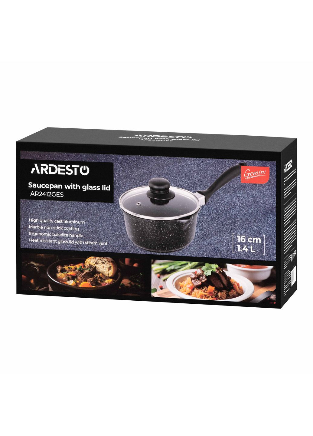 Ковш со стеклянной крышкой Gemini Anzio, 1.2л, алюминий, черный Ardesto (370614784)